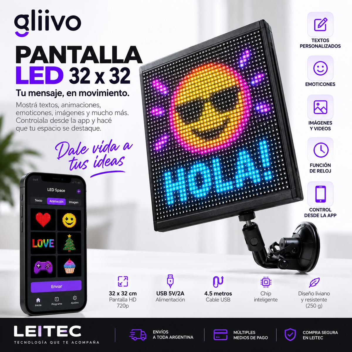 Pantalla LED Inteligente Gliivo 32×32 – Personalizable con App