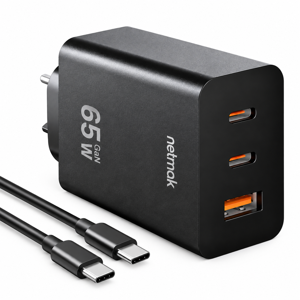 Cargador Netmak GaN 65W 3 Puertos + Cable USB-C – NM-CP42