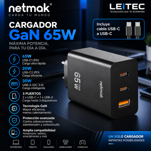Cargador Netmak GaN 65W 3 Puertos + Cable USB-C – NM-CP42