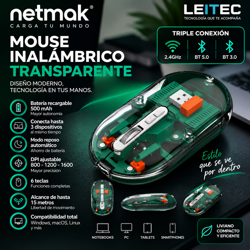 Mouse Inalámbrico Transparente Netmak NM-M670 – Bluetooth + 2.4GHz Recargable