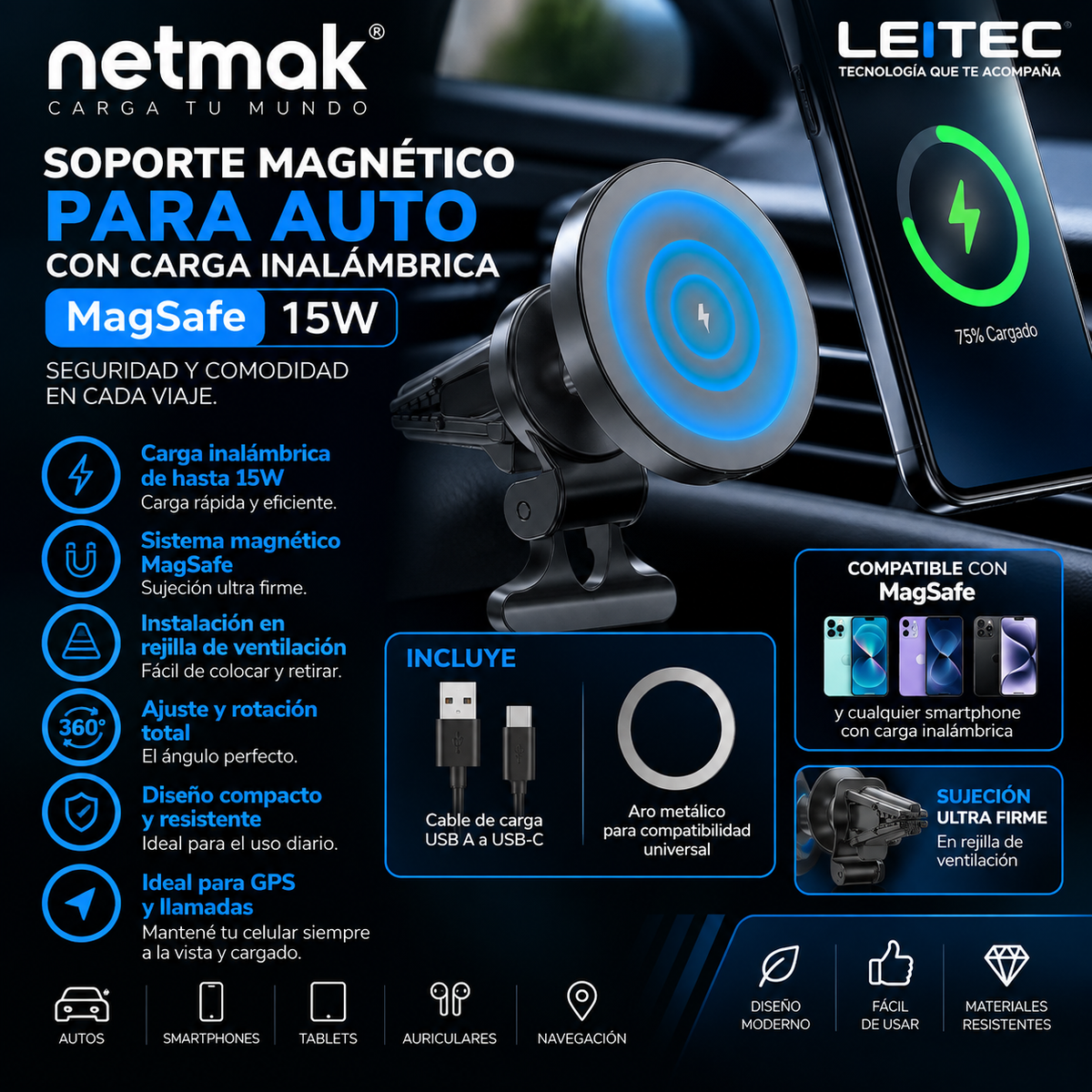 Soporte Magnético para Auto Netmak NM-HC44 – MagSafe + Carga Inalámbrica 15W