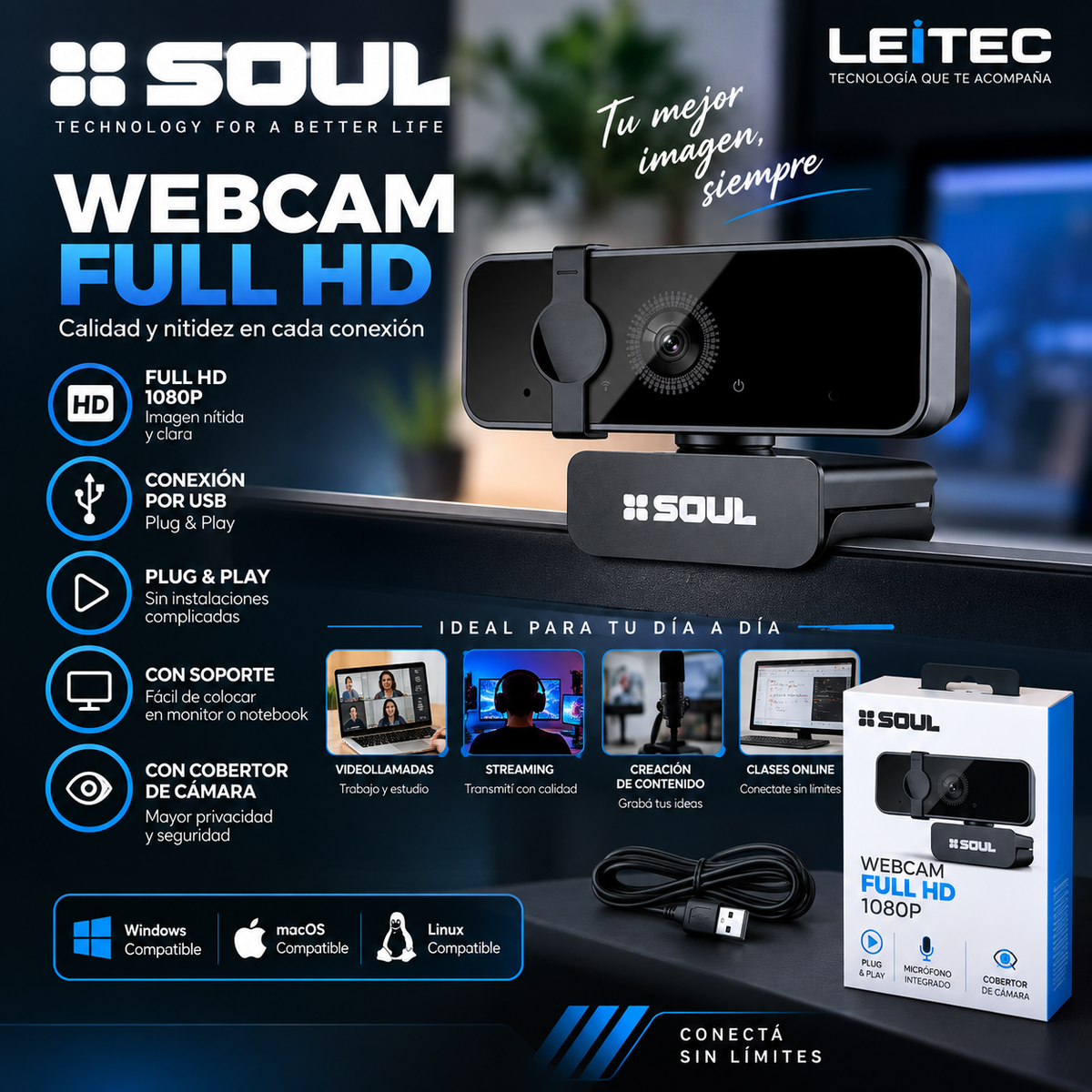 Webcam Soul Full HD 1080p USB Plug & Play con Soporte y Cobertor de Privacidad