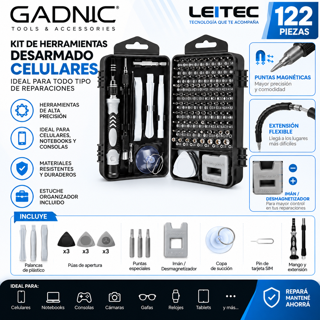 Kit de Herramientas Gadnic 122 Piezas para Reparación de Celulares, Notebooks y Consolas – KITCEL06