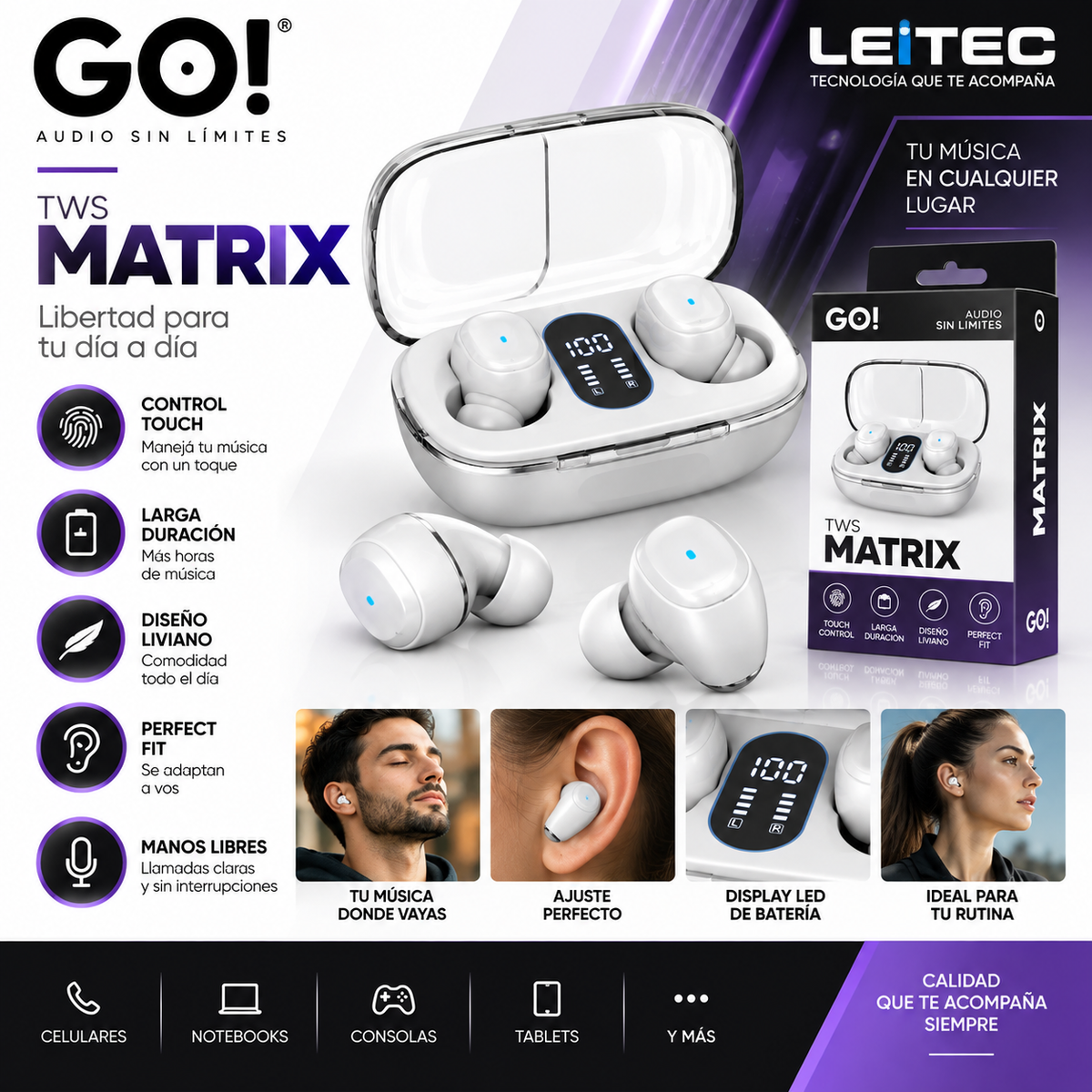 Auriculares Inalámbricos GO! TWS Matrix con Display LED y Control Touch