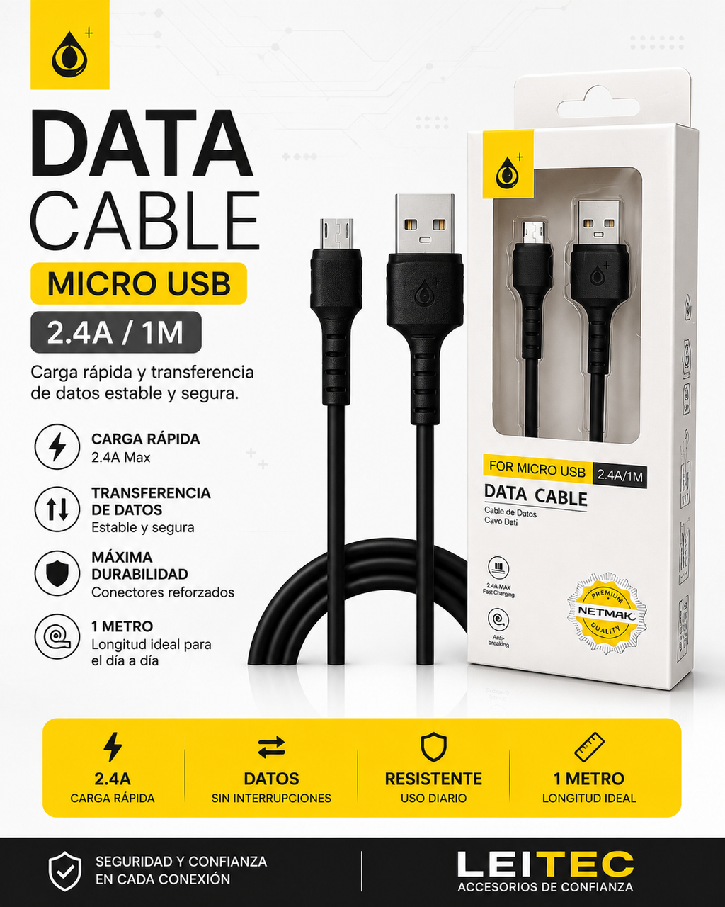 Cable Micro USB a USB-A 1 Metro 2.4A – Carga y Datos