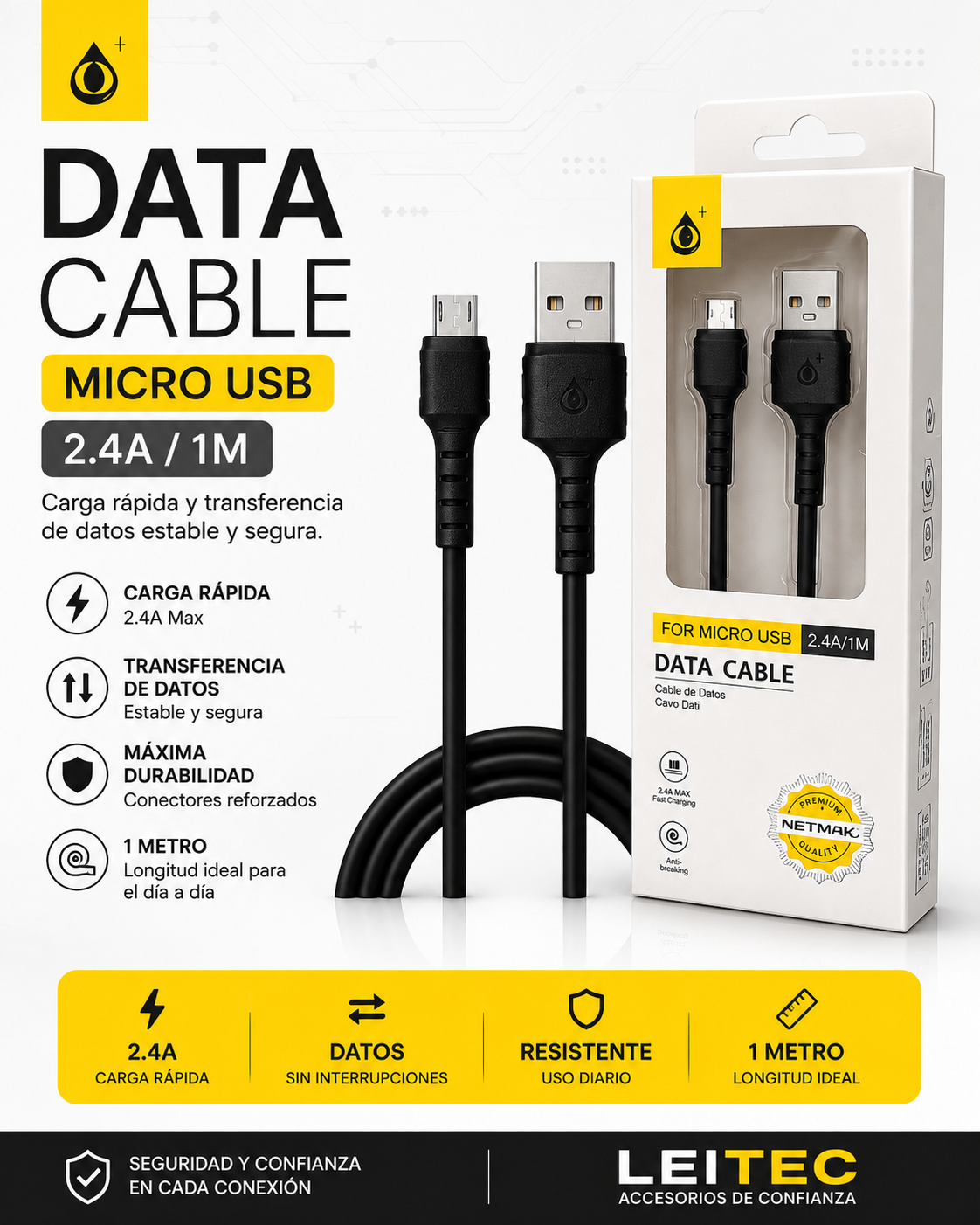 Cable Micro USB a USB-A 1 Metro 2.4A – Carga y Datos