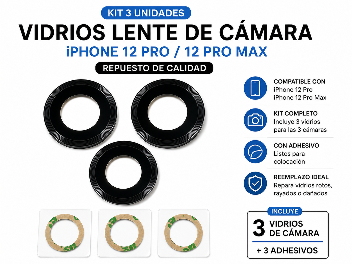 Kit 3 Vidrios Lente de Cámara iPhone 12 Pro / 12 Pro Max – Negro