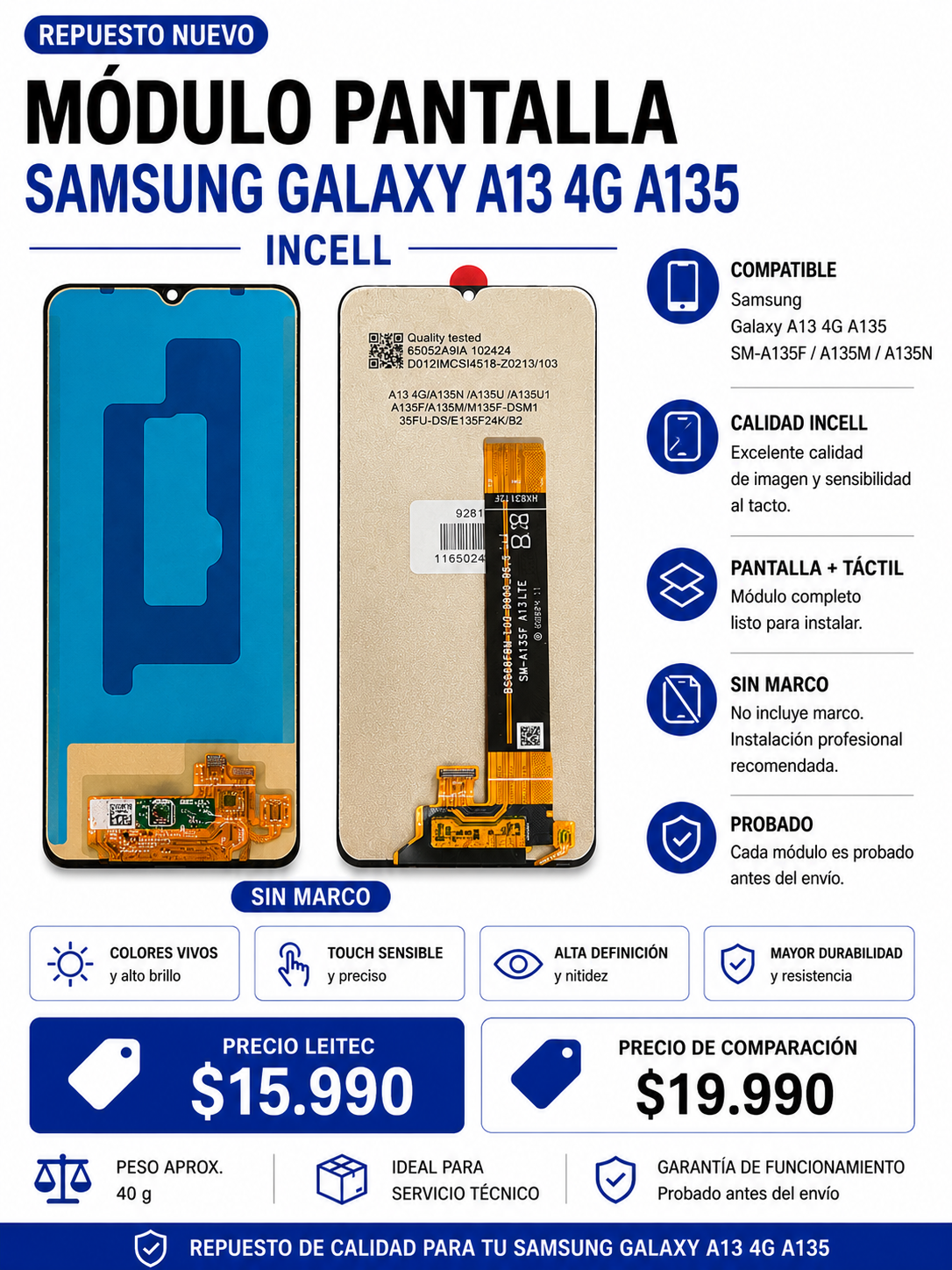 Módulo Pantalla Samsung Galaxy A13 4G A135 – INCELL – Negro